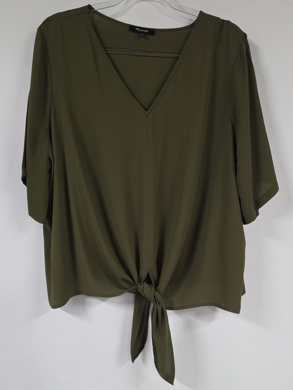 Madewell Novel Tie-Front V-Neck Blouse Olive Green Short Sleeve Plus Size 2XL